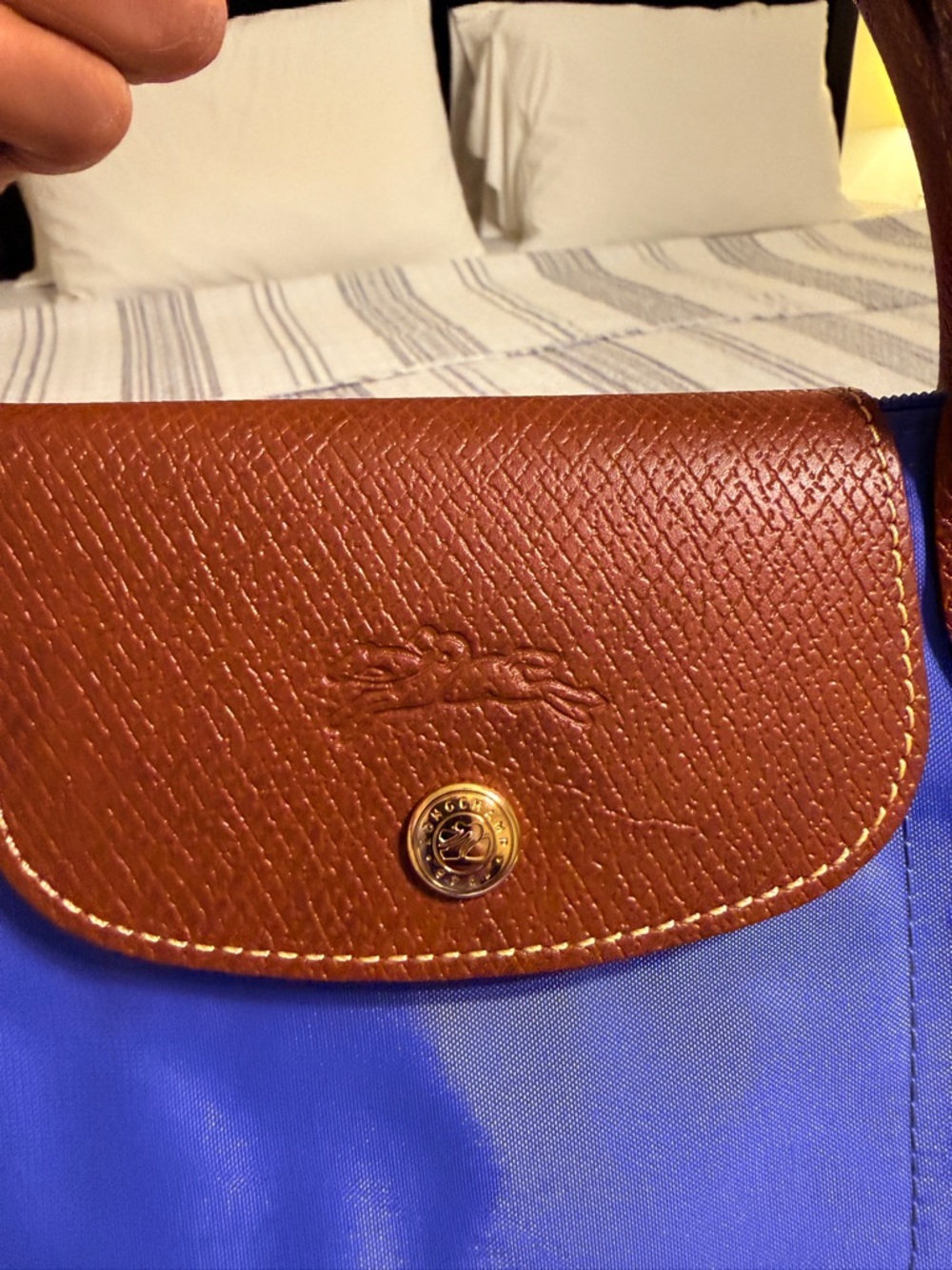 Longchamp Tote in Bright Blue with Brown Leather Trim - Picture 2 of 7